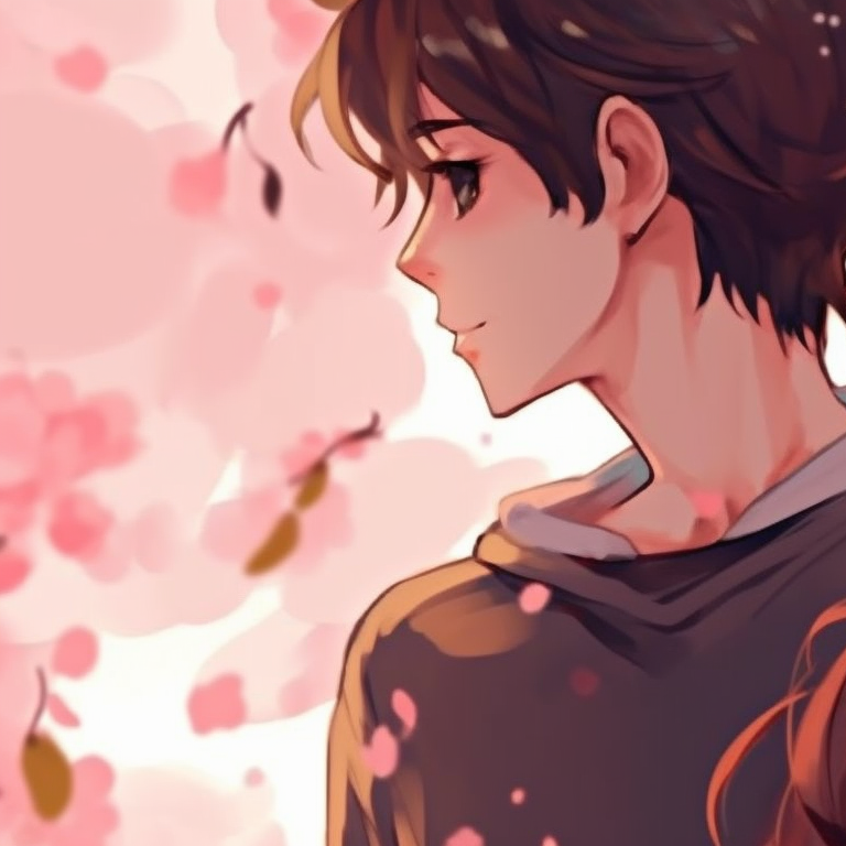 Two characters experiencing cherry blossom shower, light color palette and serene atmosphere. fun cute matching pfp for couples pfp for discord.