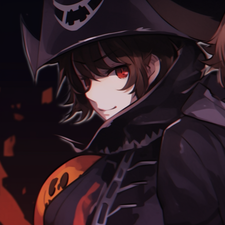 Two characters, one with witch hat and one with vampire cloak, Halloween decorations in the background. soukoku matching pfp halloween theme pfp for discord.