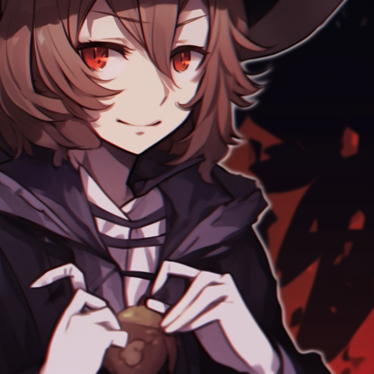 Two characters, one with witch hat and one with vampire cloak, Halloween decorations in the background. soukoku matching pfp halloween theme pfp for discord.