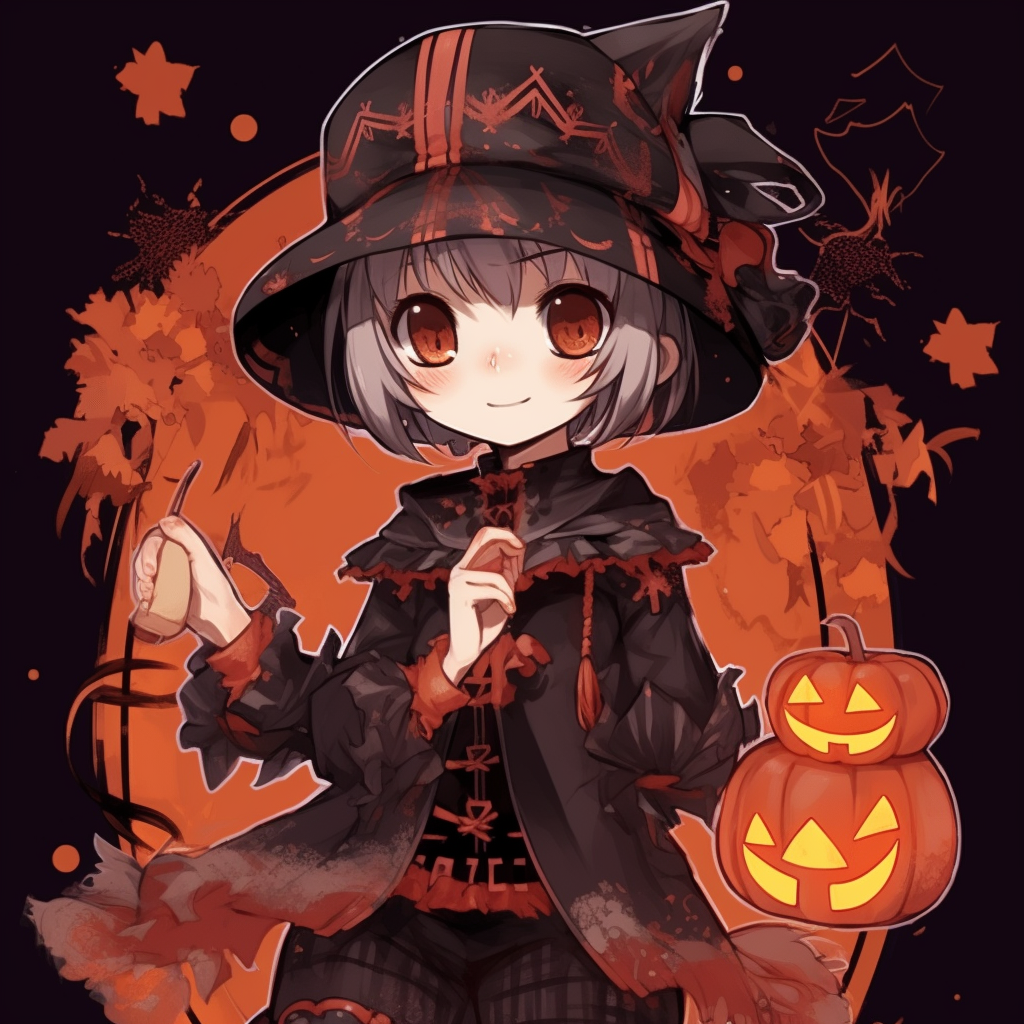 Anime girl holding a jack-o'-lantern, with subtle orange highlights and expressive eyes. anime girl halloween pfp