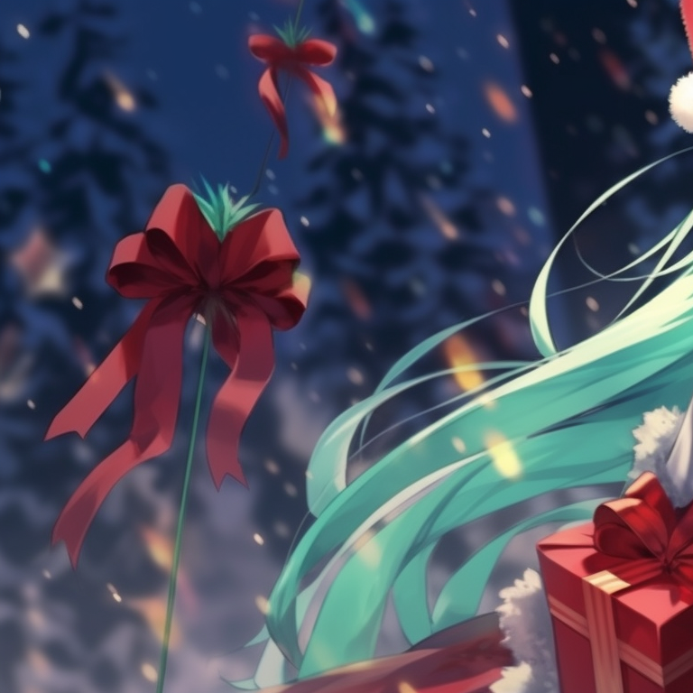 Two Hatsune Miku's together under snowflakes, in intricate Christmas outfits, symbolizing happiness in winter. anime theme: matching christmas hatsune miku pfp pfp for discord.