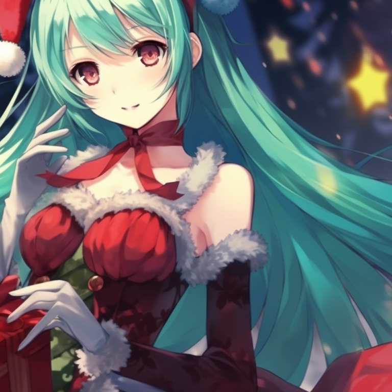 Two Hatsune Miku's together under snowflakes, in intricate Christmas outfits, symbolizing happiness in winter. anime theme: matching christmas hatsune miku pfp pfp for discord.