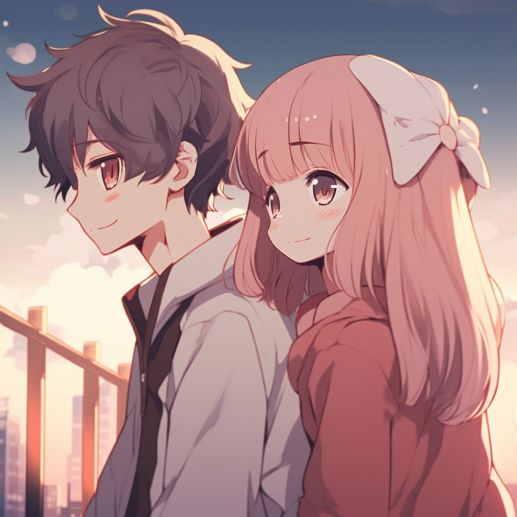 An anime boy and girl sharing a scene, featuring soft colors and detailed backgrounds. matching pfp anime boy and girl