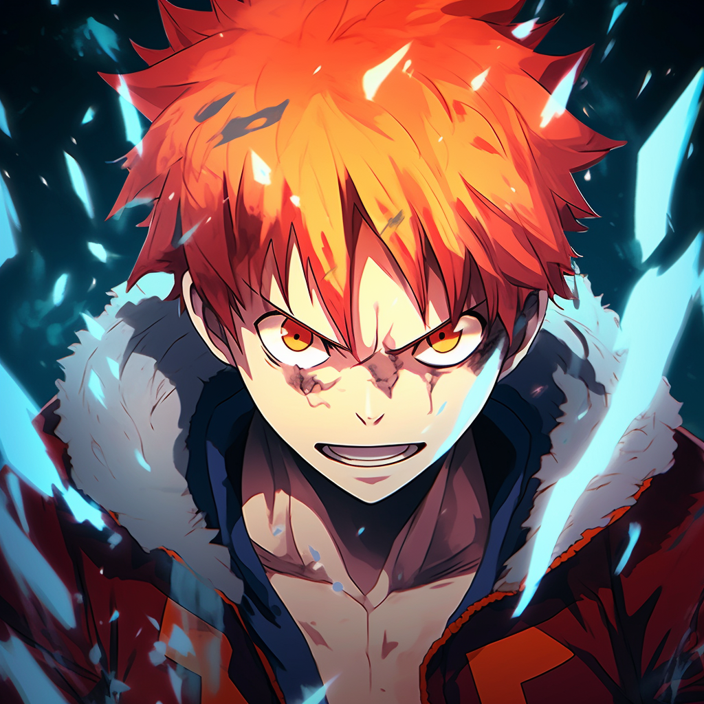 Shoto Todoroki from My Hero Academia, intricate details portraying his dual ice and fire powers. adorable fire anime pfp