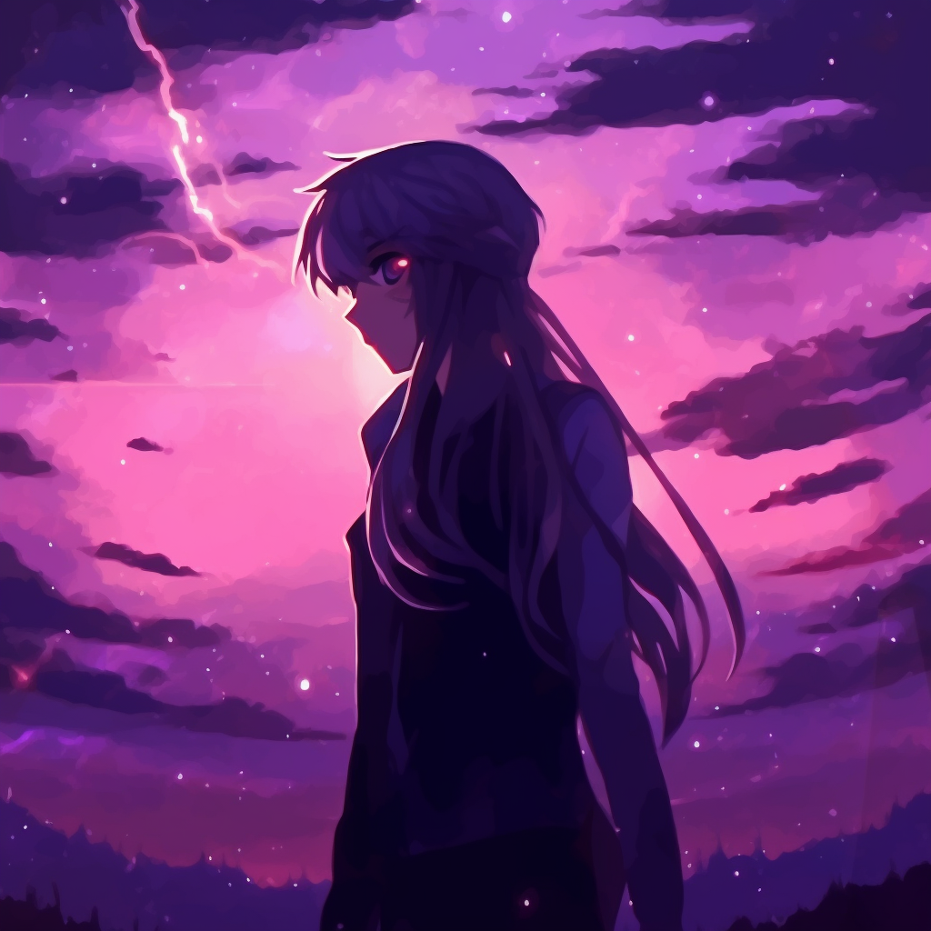 Romantic anime couple under a starry deep purple sky, the sketchy art style gives a warm and appealing aesthetic. trending purple anime pfp gifs
