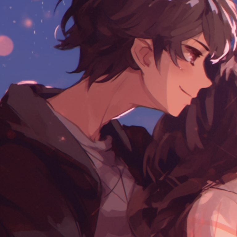 Close-up of two characters, eyes locked, detailed artwork, and serene expressions. matching pfp gif for loved ones pfp for discord.