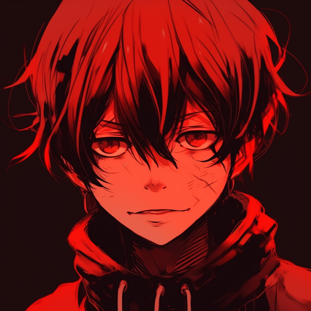 A charming anime boy with a stylish red headband, intense eyes, and a cool persona, distinctive linework and bold red color. adorable red anime pfp