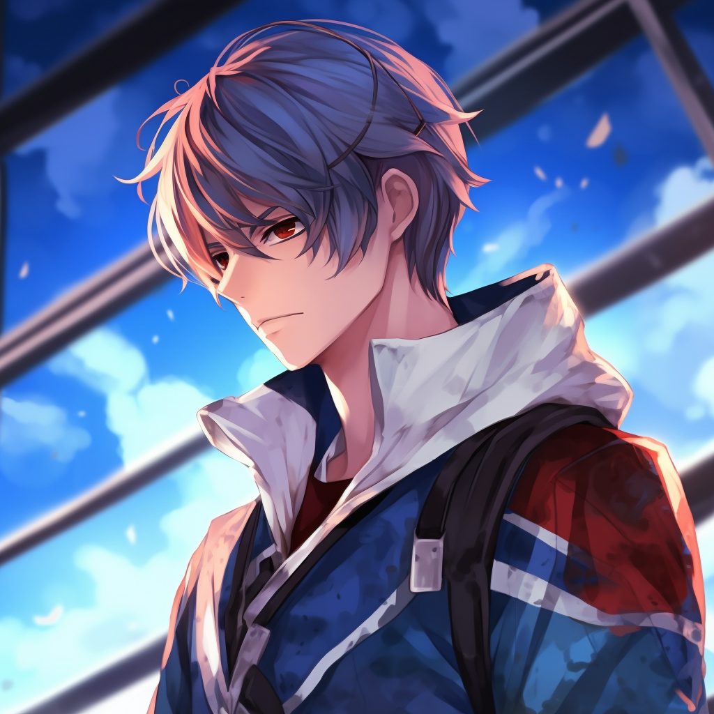 Shoto Todoroki in his hero costume, sharp lines and contrasting colors. manga anime guys pfp pfp for discord.