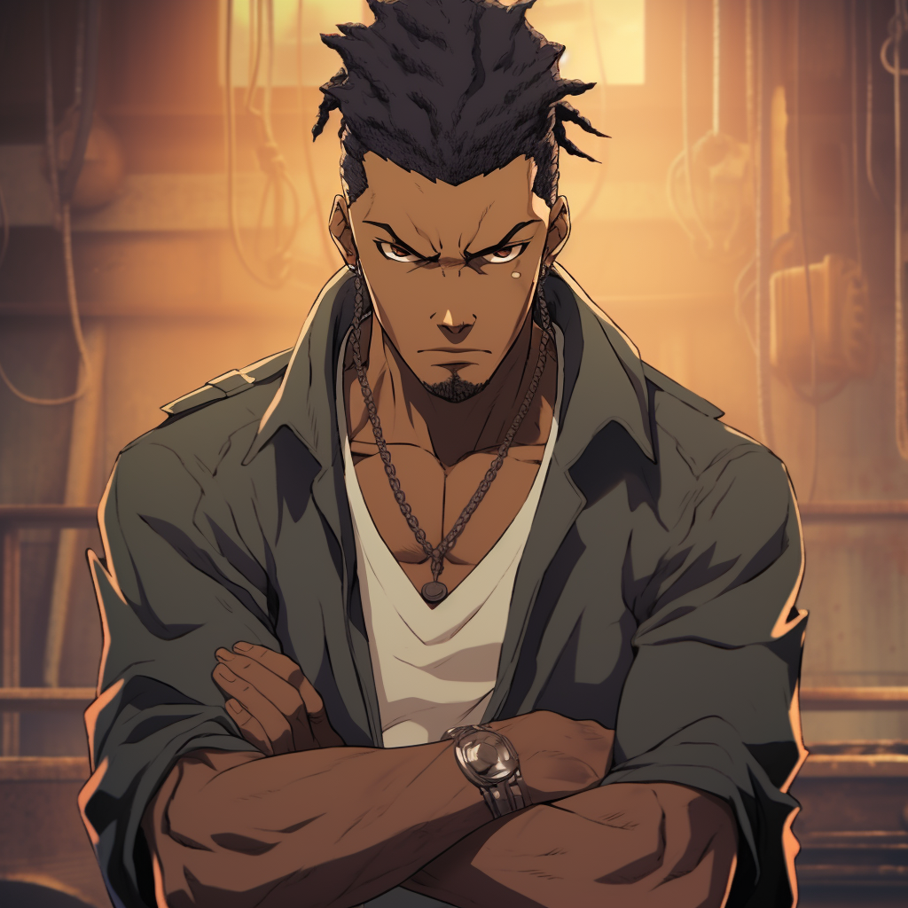 Dutch from Black Lagoon at the helm, detailed background and strong contrast. enticing male black anime characters pfp