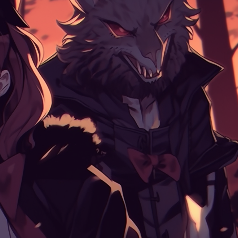 Two characters dressed in werewolf costumes, feral expressions, moonlit forest in the background. unique halloween matching pfps pfp for discord.