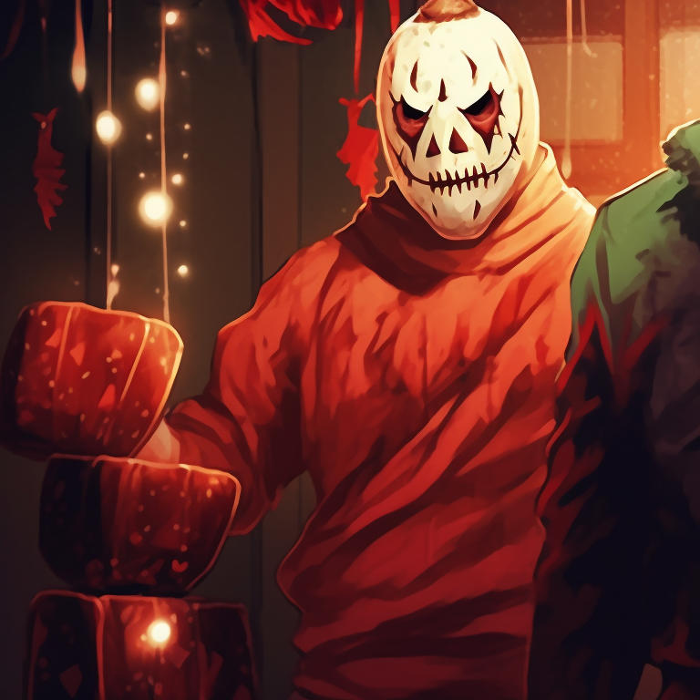 Michael Myers, a winter hat atop his mask, standing in a frosty street under a soft snowfall. festive michael myers pfp pfp for discord.