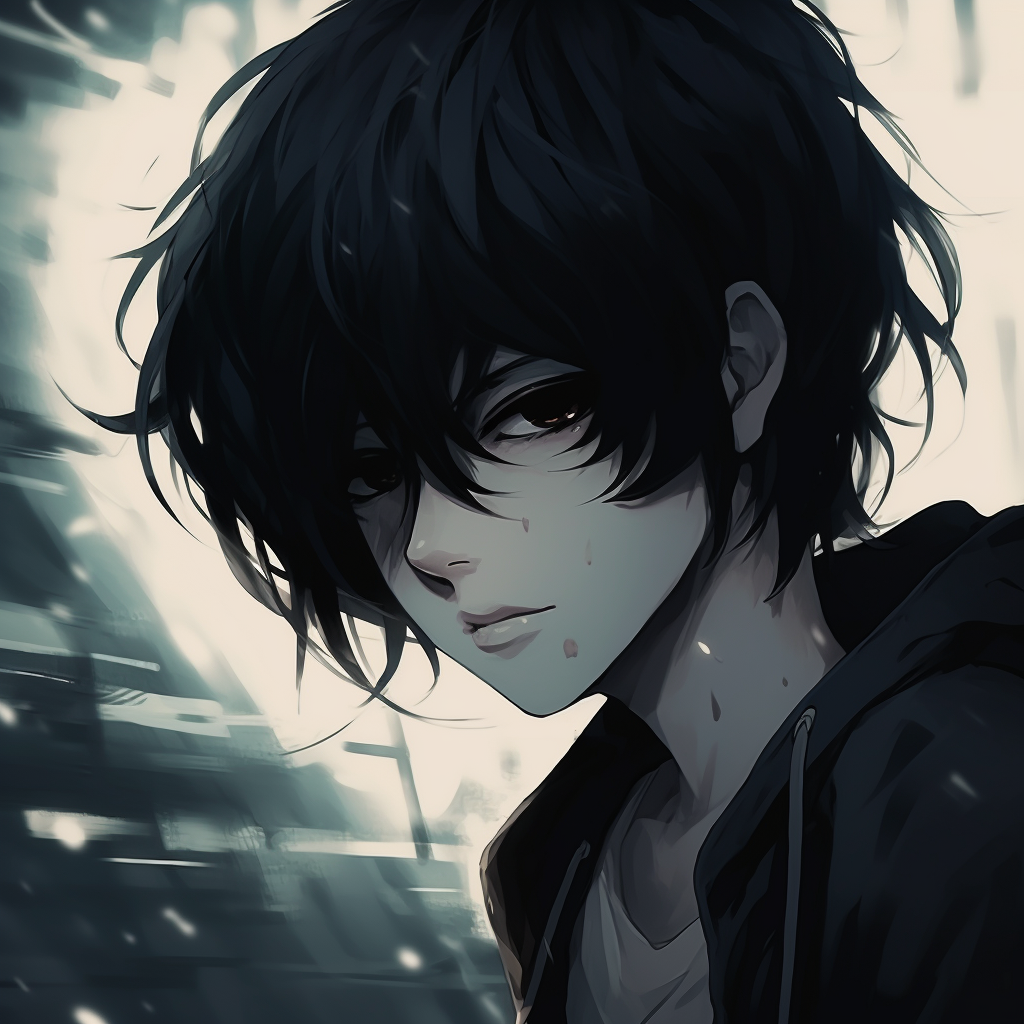 Image of an anime boy with a gloomy gaze, high contrast between light and shadows. depressed anime boy pfp collection