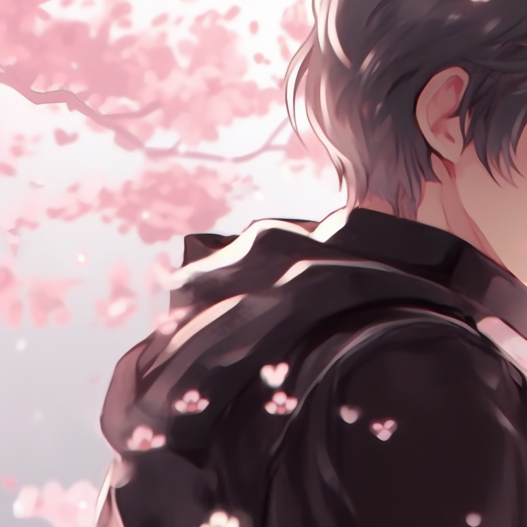Two characters under a canopy of sakura blossoms, framed by delicate pink blossoms and serene expressions. trending matching pfps for friends pfp for discord.