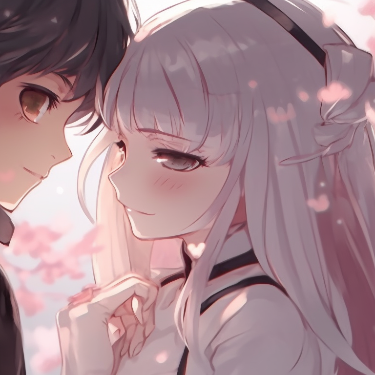 Two characters under a canopy of sakura blossoms, framed by delicate pink blossoms and serene expressions. trending matching pfps for friends pfp for discord.