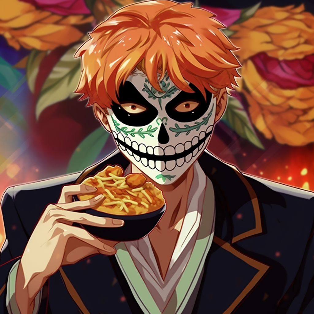 Day of the Dead-themed portrait of Ichigo, vibrant colors and intricate skull patterns. mexican anime pfp arts pfp for discord.