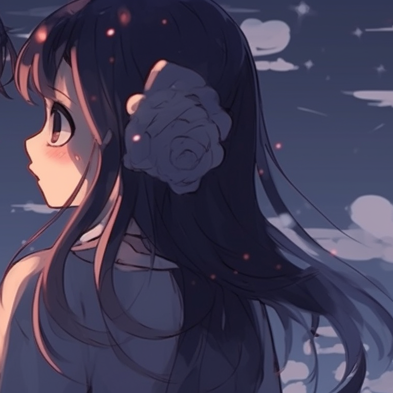 Two characters entwined under a starry sky, a mixture of cool and warm tones, with sparkling highlights. cute couple's matching pfp pfp for discord.