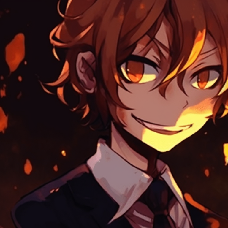 Dazai dressed as a creepy scarecrow and Chuuya as the pumpkin king, with autumnal colors and eerie lightening. dazai and chuuya anime art halloween pfp for discord.