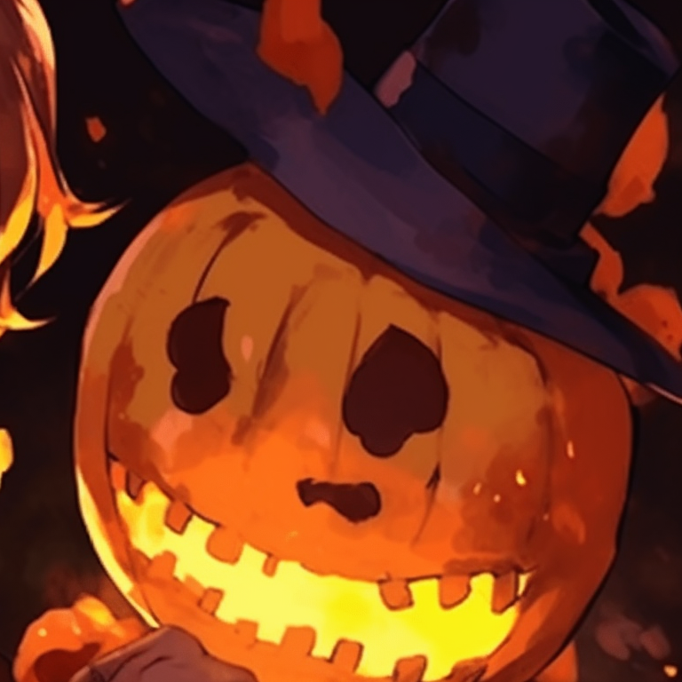 Dazai dressed as a creepy scarecrow and Chuuya as the pumpkin king, with autumnal colors and eerie lightening. dazai and chuuya anime art halloween pfp for discord.