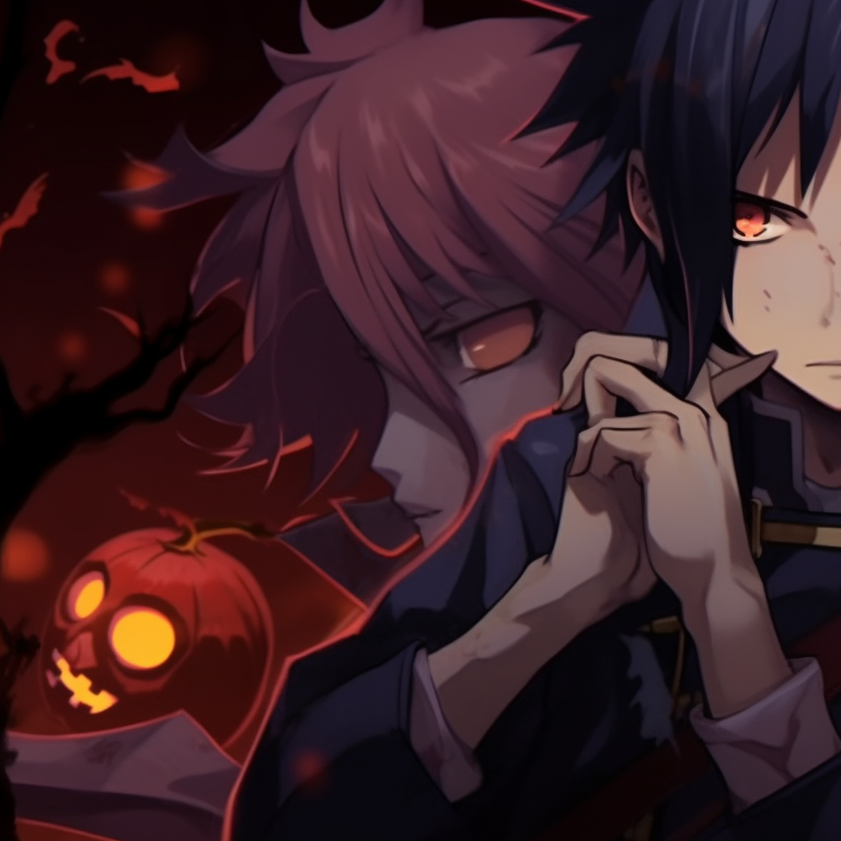 Naruto and Sasuke in Halloween-themed attires, sharp outlines and intense expressions, with the iconic Sharingan and Rinnegan eyes. sharingan and rinnegan naruto, sasuke halloween pfp pfp for discord.