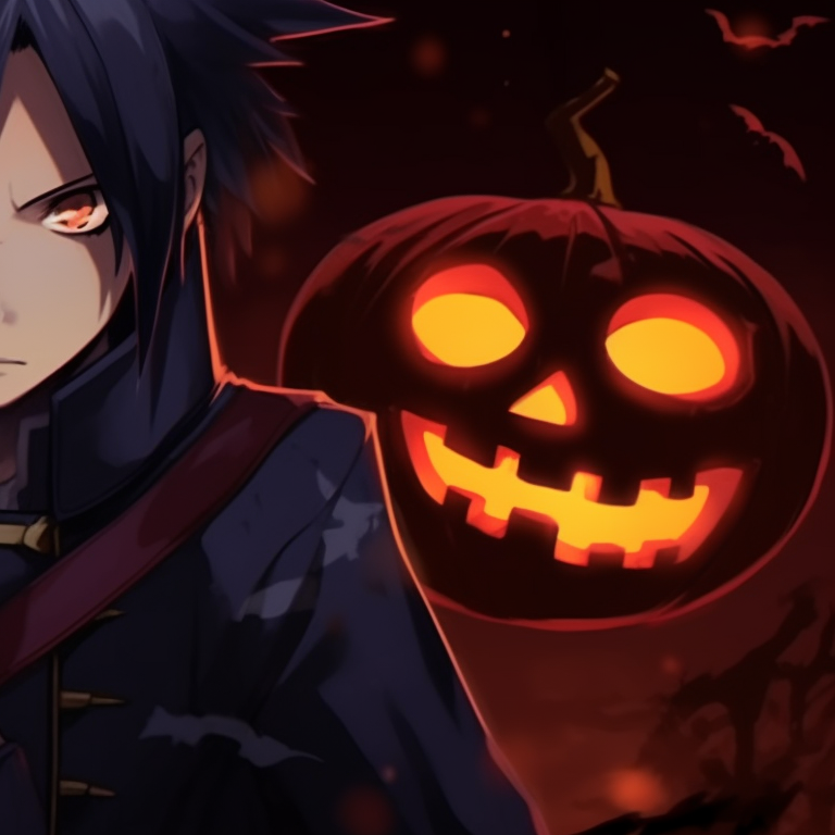Naruto and Sasuke in Halloween-themed attires, sharp outlines and intense expressions, with the iconic Sharingan and Rinnegan eyes. sharingan and rinnegan naruto, sasuke halloween pfp pfp for discord.