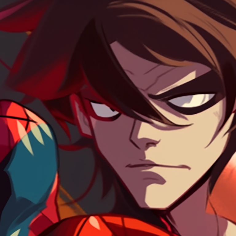 Two characters, Spider-Man and Spider-Woman, rich colors and comic-like art style, back-to-back. spider man matching pfp styles pfp for discord.