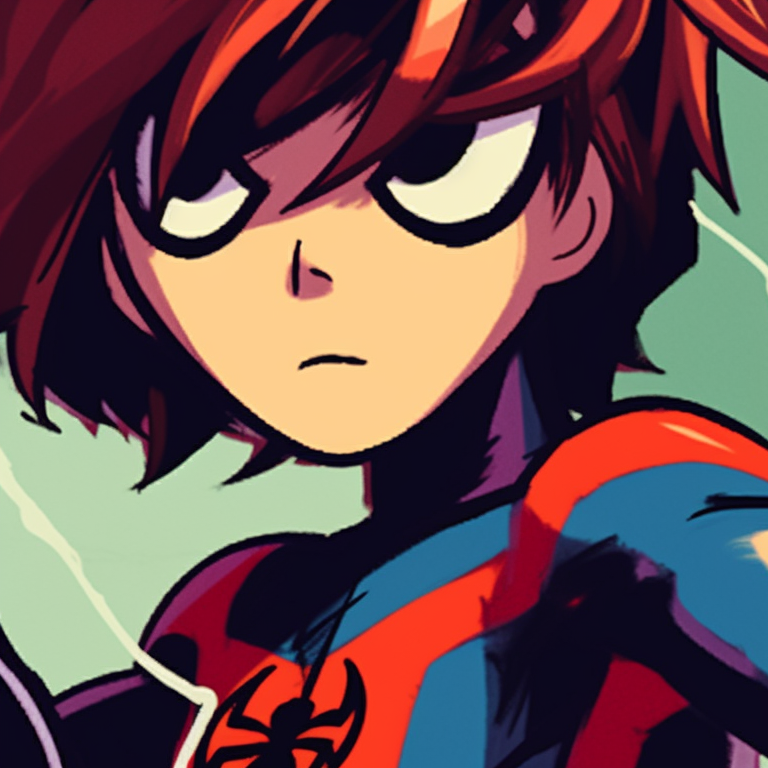 Two characters, one in spider-man costume and other resembling a sidekick, rustic tones and action lined background. spider man matching pfp for kids pfp for discord.