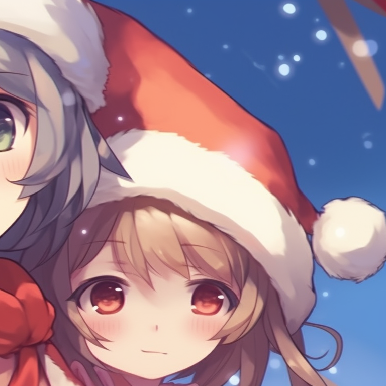 Two characters on a sleigh ride, snowy landscapes, and vibrant expressions. christmas themed matching discord pfp pfp for discord.