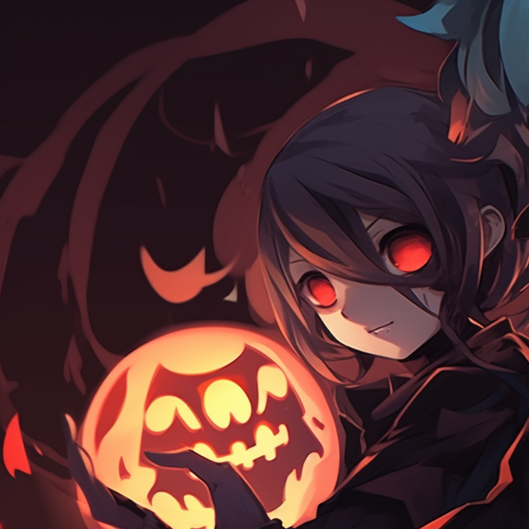 Two characters holding a glowing pumpkin lantern, eerie ambiance and gothic art style. dark matching pfp halloween theme designs pfp for discord.