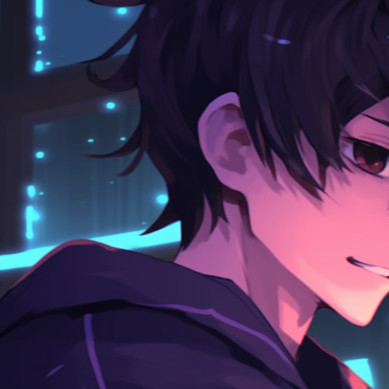 Two characters in a city illuminated by neon, cool colors dominate the palette. anime matching pfp couple art pfp for discord.