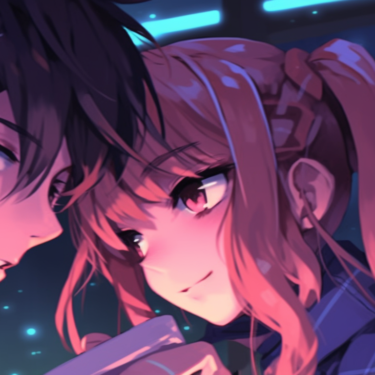 Two characters in a city illuminated by neon, cool colors dominate the palette. anime matching pfp couple art pfp for discord.