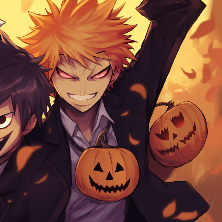 Two characters, draped in robes and mystical accessories, casting an eerie spell under a midnight blue sky with Halloween-themed decorations scattered in the background. matching pfp jujutsu kaisen halloween ideas pfp for discord.