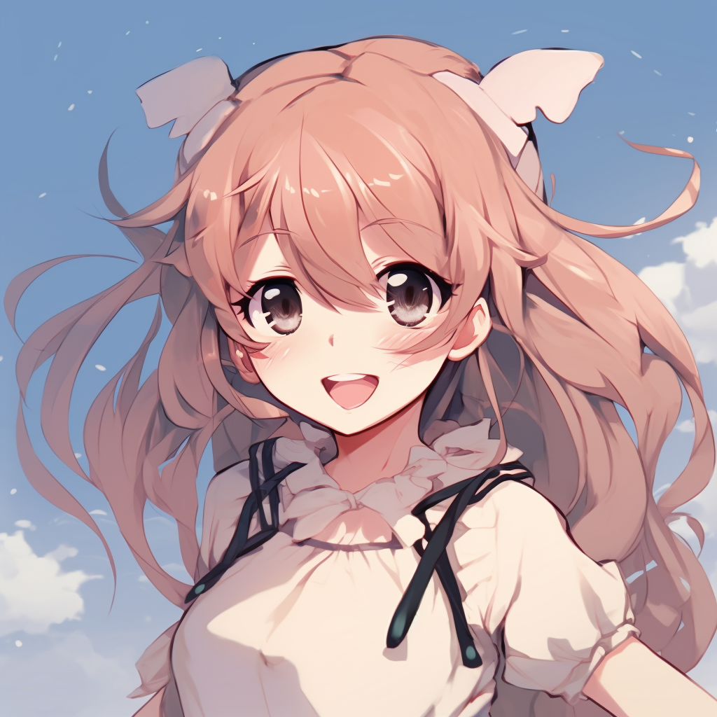 A beaming anime girl, soft pastel shades highlighting her innocence and liveliness. adorable anime pfp illustrations