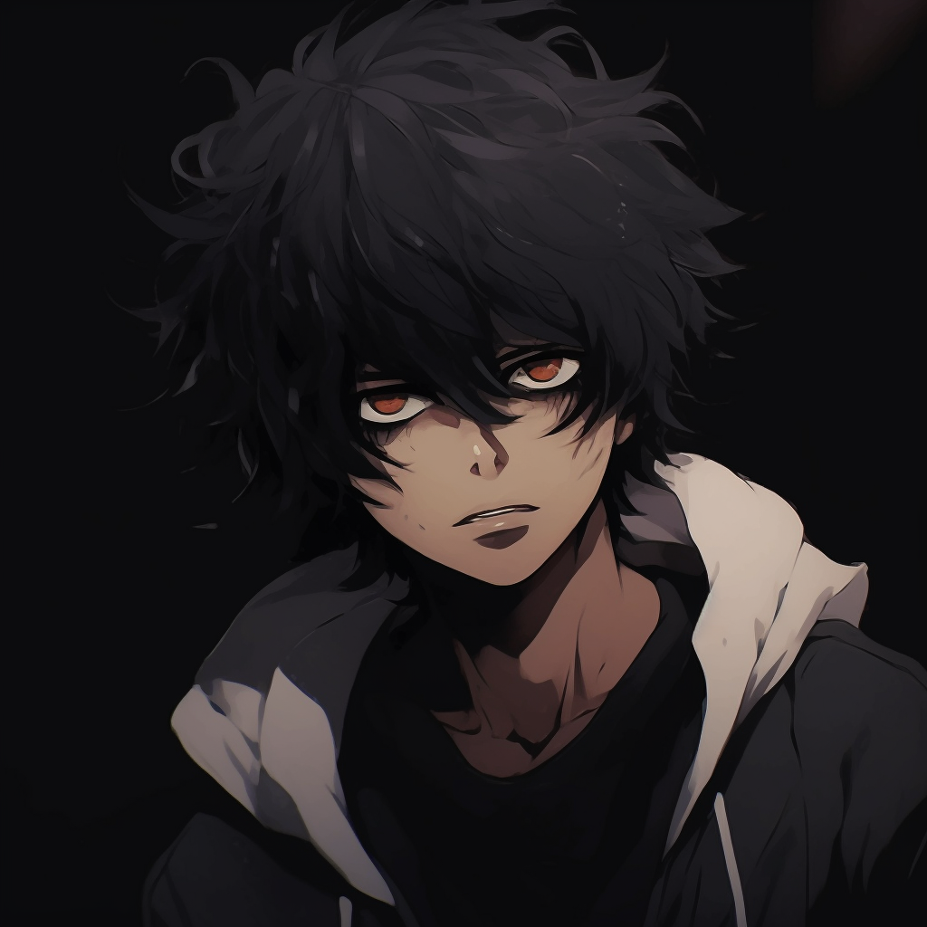 Male anime character with brooding expression, contrasted, dark colors and distinct lines. black anime pfp inspirationsHD, free download