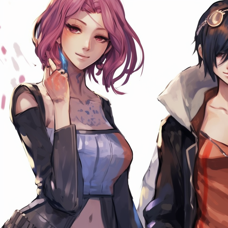 Three characters in a dramatic battle scene, vibrant explosions and intense expressions. epic matching trio pfp concepts pfp for discord.