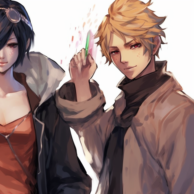 Three characters in a dramatic battle scene, vibrant explosions and intense expressions. epic matching trio pfp concepts pfp for discord.