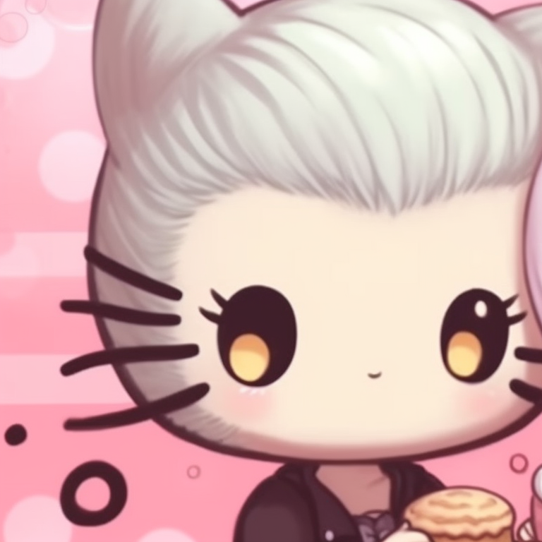 Hello Kitty and a friend in a garden setting, both dressed in floral outfits, rich green tones and delicate background details. hello kitty and friends matching pfp pfp for discord.