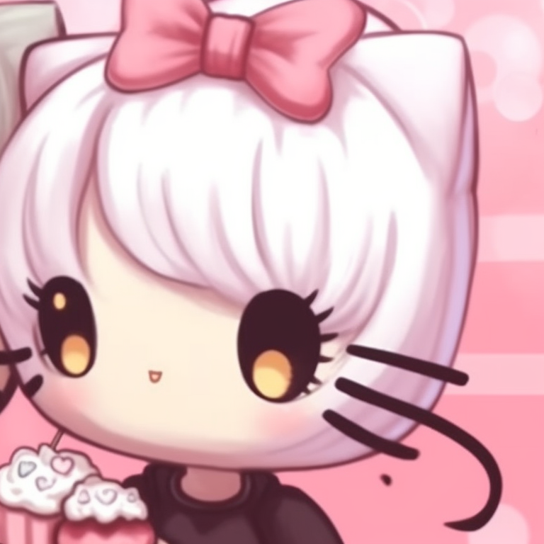 Hello Kitty and a friend in a garden setting, both dressed in floral outfits, rich green tones and delicate background details. hello kitty and friends matching pfp pfp for discord.