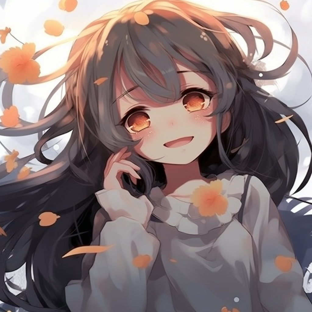 Anime picture of a joyful girl presenting a bright smile, floral background with soft colors gives entirety an aesthetic vibe. charming girl anime pfp