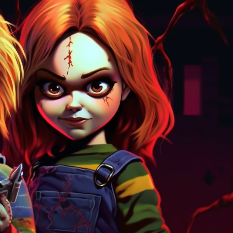 Chucky and Tiffany in a face-off pose, intricate detailing especially on their menacing grins, a monochromatic color scheme with pops of red. horror film inspired pfp: chucky and tiffany pfp for discord.