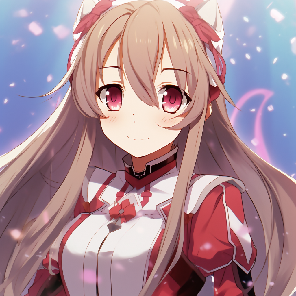 Asuna holding her rapier 'Lambent Light', metallic sheen and strong outlines. popular female anime pfp pfp for discord.