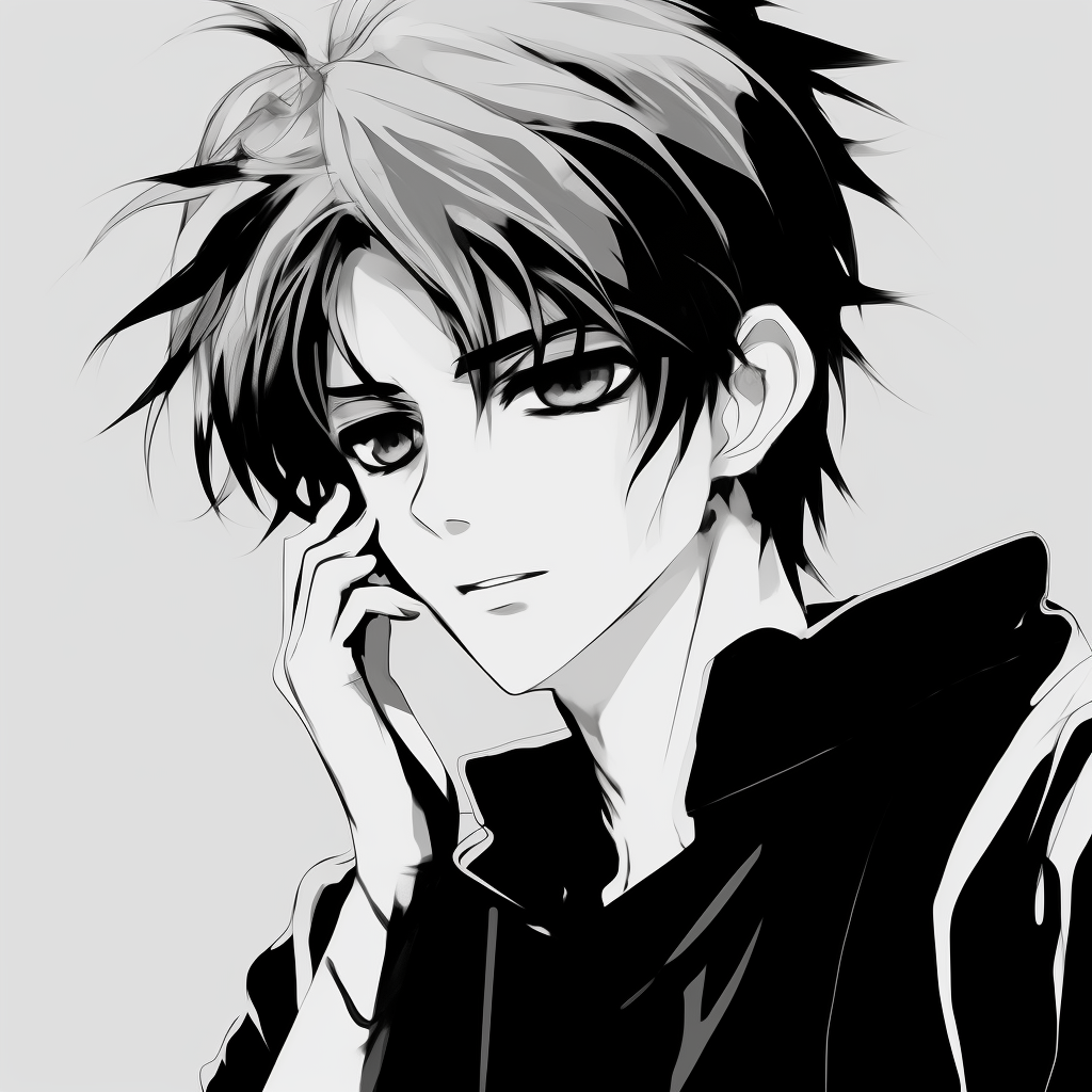 Vintage anime character in greyscale, classic art style with lightly shaded details. classic black and white anime pfp