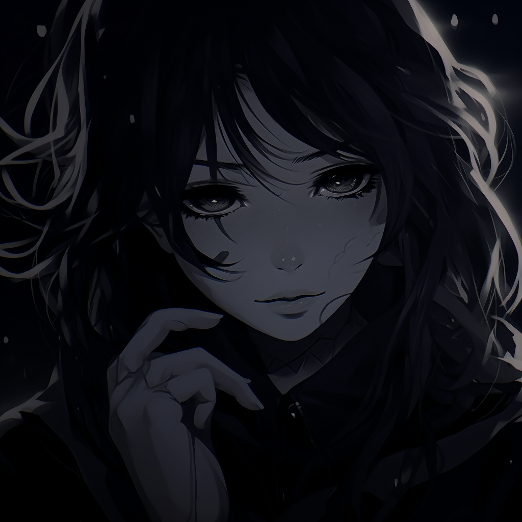 Features an anime girl veiled by the darkness of night; stand-out elements are her glowing eyes and stark contrast. anime pfp in darkness theme pfp for discord.