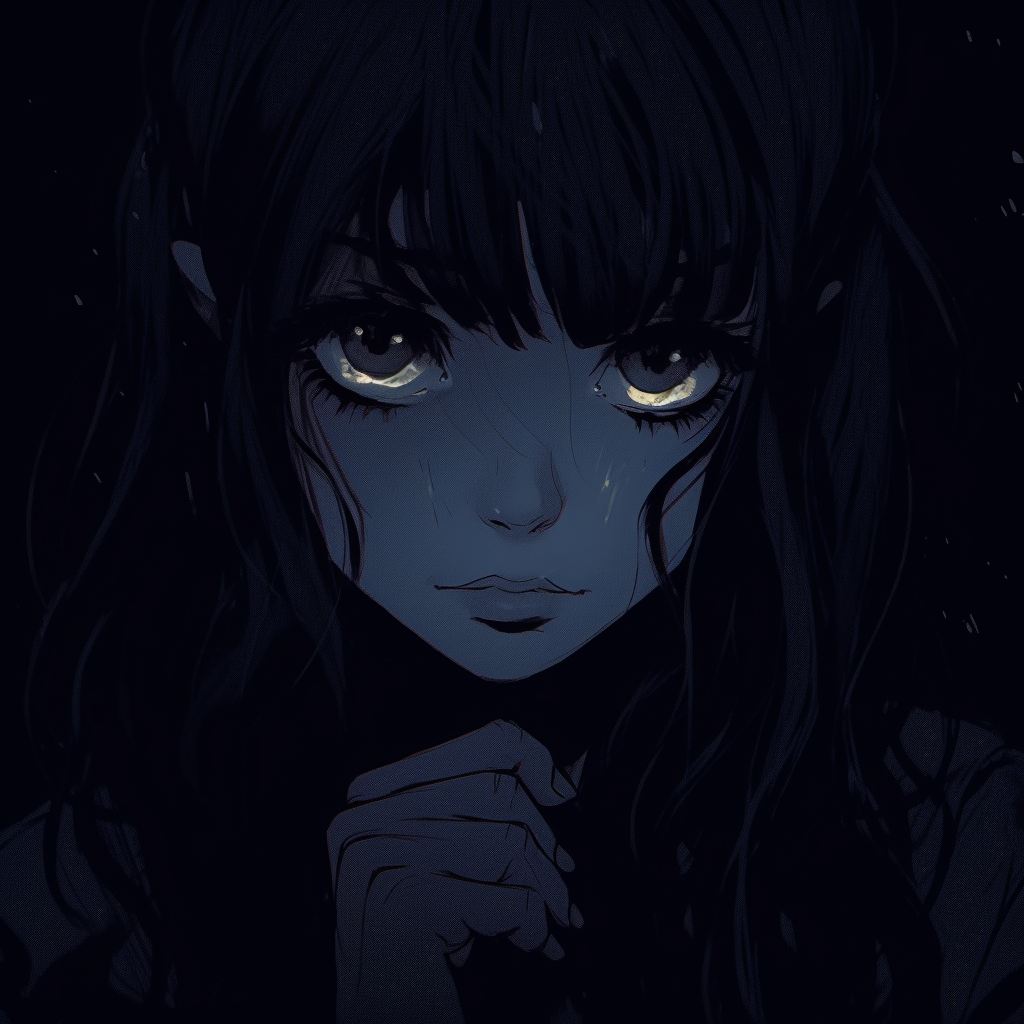 Low-light girl's portrait, the scarce light intensifying her expressive eyes and enhancing the portrait's mystique. illustrated dark aesthetic pfp pfp for discord.