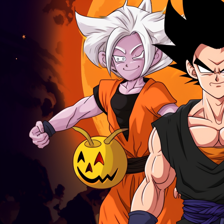 Vegeta and Bulma are in elaborate witch and warlock costumes, complete with detailed accessories and lively colors. dragon ball couples in halloween costume pfp pfp for discord.