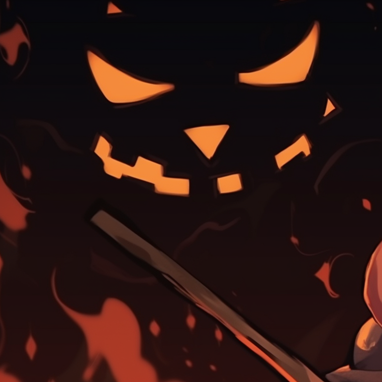 Two characters holding carved pumpkins, warm orange and yellow color palette. matching halloween pfp with spooky elements pfp for discord.