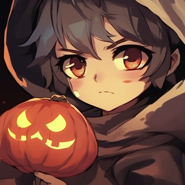 Two characters holding carved pumpkins, warm orange and yellow color palette. matching halloween pfp with spooky elements pfp for discord.