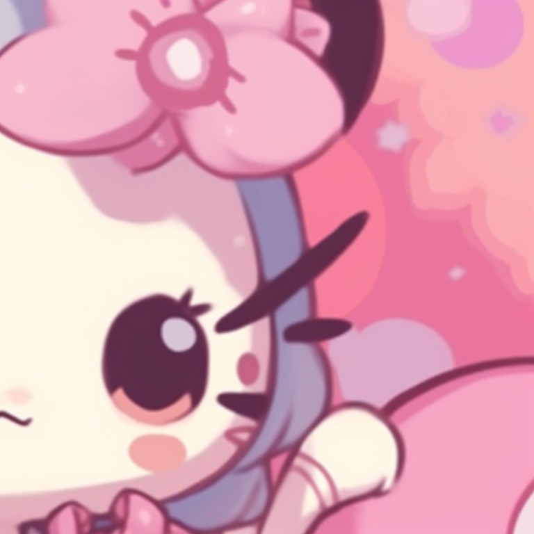 Two Hello Kitty characters in an adventure setting, fine details and vivid backdrop. cute matching hello kitty pfp pfp for discord.