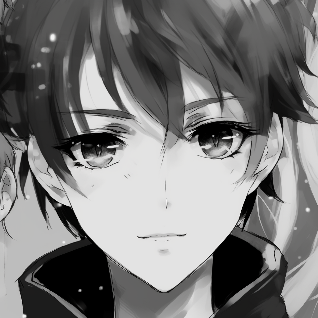 A black and white shaded anime boy with thoughtful expression, demonstrating the contrast of dark and light. anime profile picture black and white male