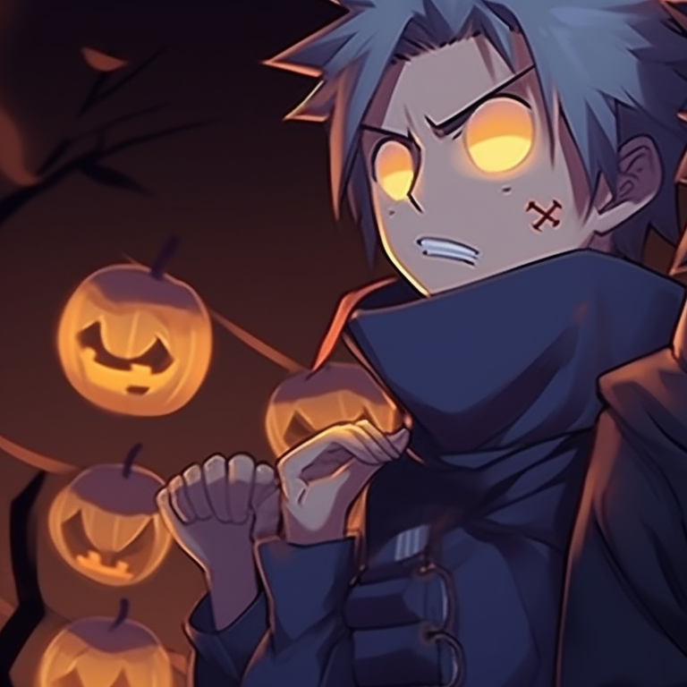 Naruto and Sasuke depicted as festive foes, rich Halloween inspired palette and eerie shadows. naruto and sasuke halloween duo pfp themes pfp for discord.