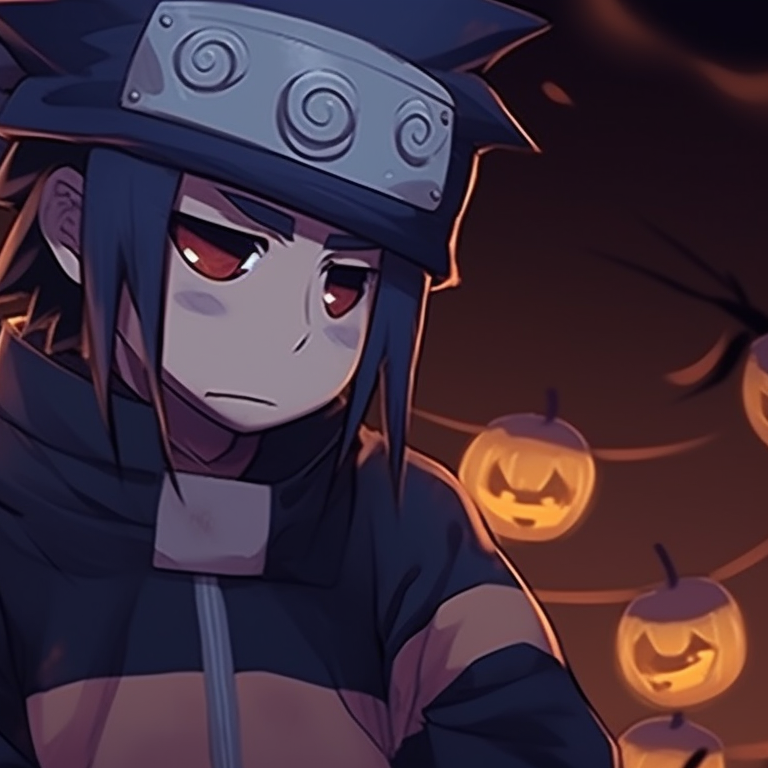 Naruto and Sasuke depicted as festive foes, rich Halloween inspired palette and eerie shadows. naruto and sasuke halloween duo pfp themes pfp for discord.